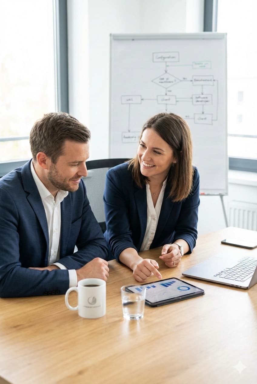 Two professionals collaborating in a meeting